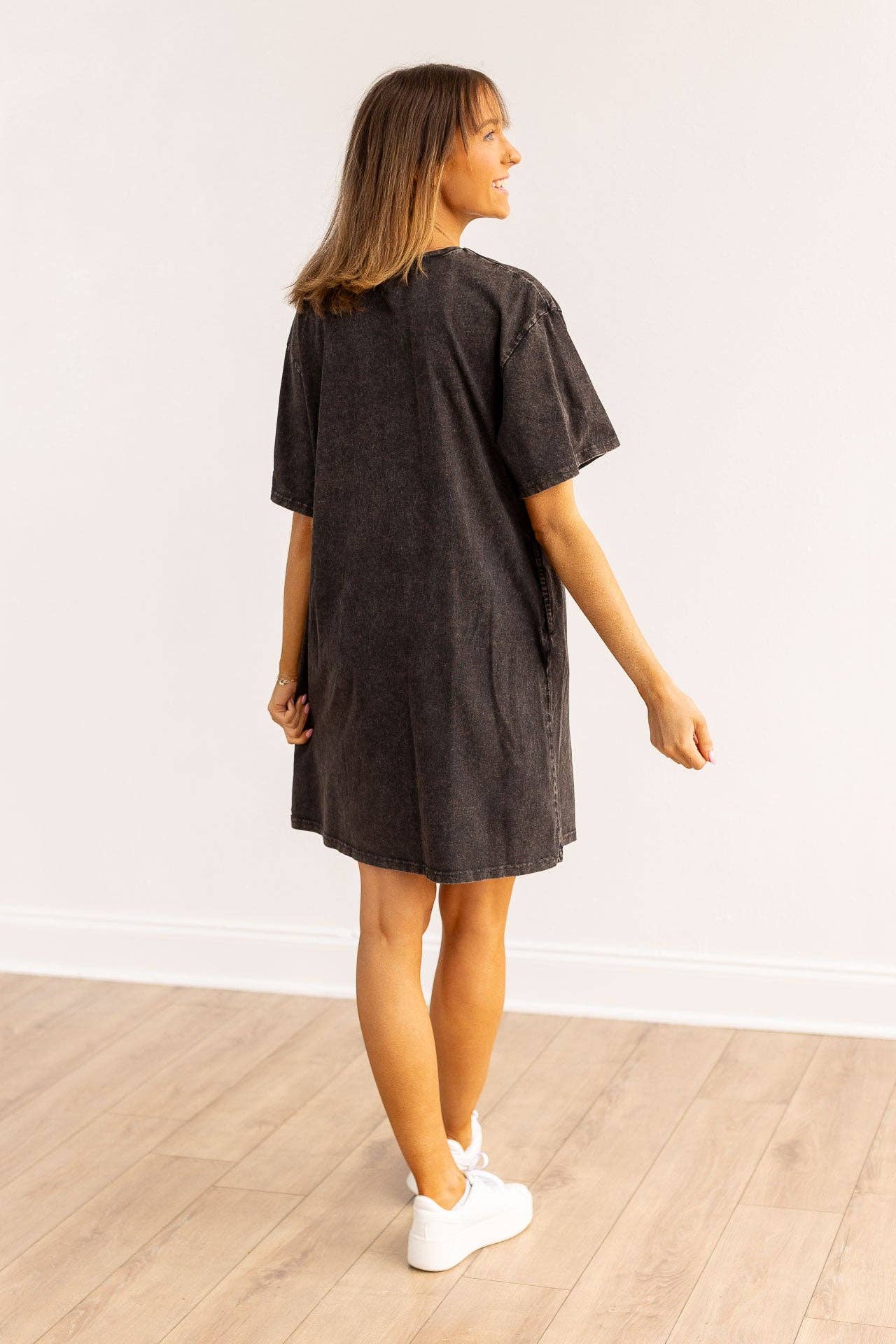 Plus Size Black Wash Tee Shirt Dress With Pockets