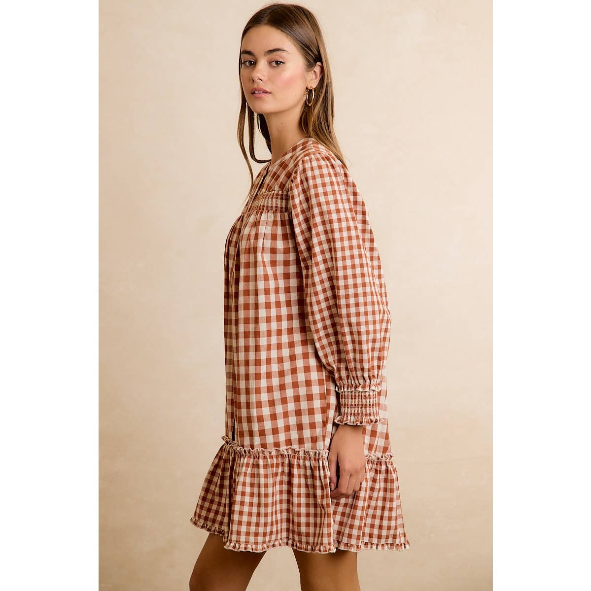 GINGHAM SMOCKED RUFFLE HEM MINI DRESS