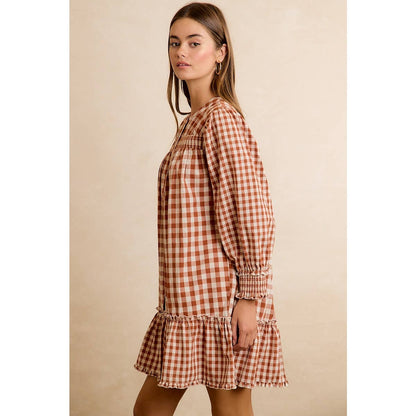 GINGHAM SMOCKED RUFFLE HEM MINI DRESS