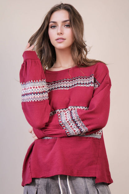 NT11784-Oversized Printed Knit Contrast Knit Top