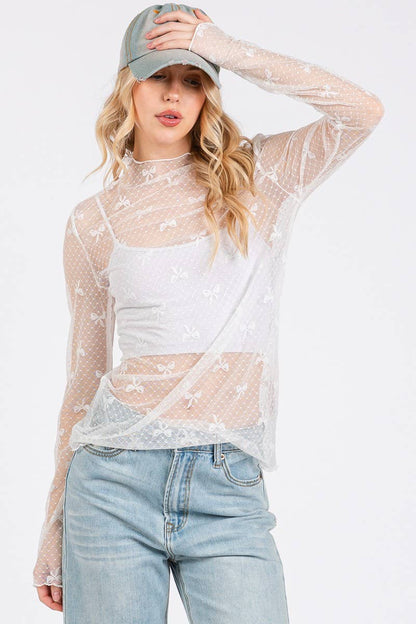 BOW PRINT LONG SLEEVE LACE TOP