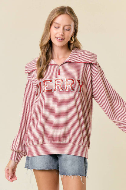 Sequin MERRY Patched Half Zip-Up Stripe Sweatshirt