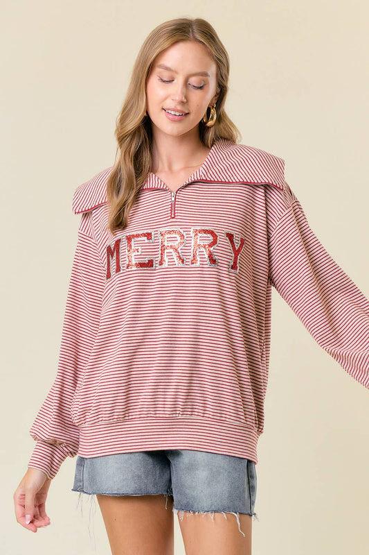 Sequin MERRY Patched Half Zip-Up Stripe Sweatshirt