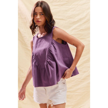 GAME DAY COLOR DENIM RUCHED SLEEVELESS TOP