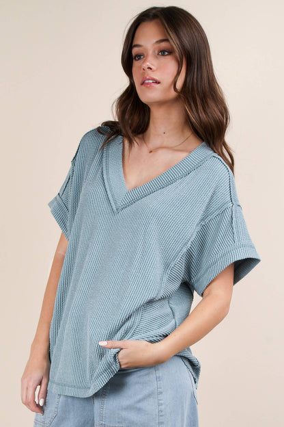 Soft Two Tone Casual Comfy Ribbed Knit Top