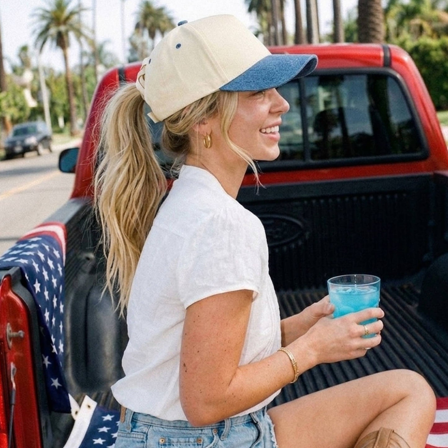 C.C Two Tone Cotton Criss-Cross Back Ponytail Trucker Hat