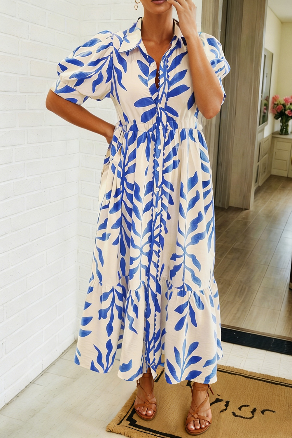 Leafy Botanical Side Tie Button Down Maxi Dress