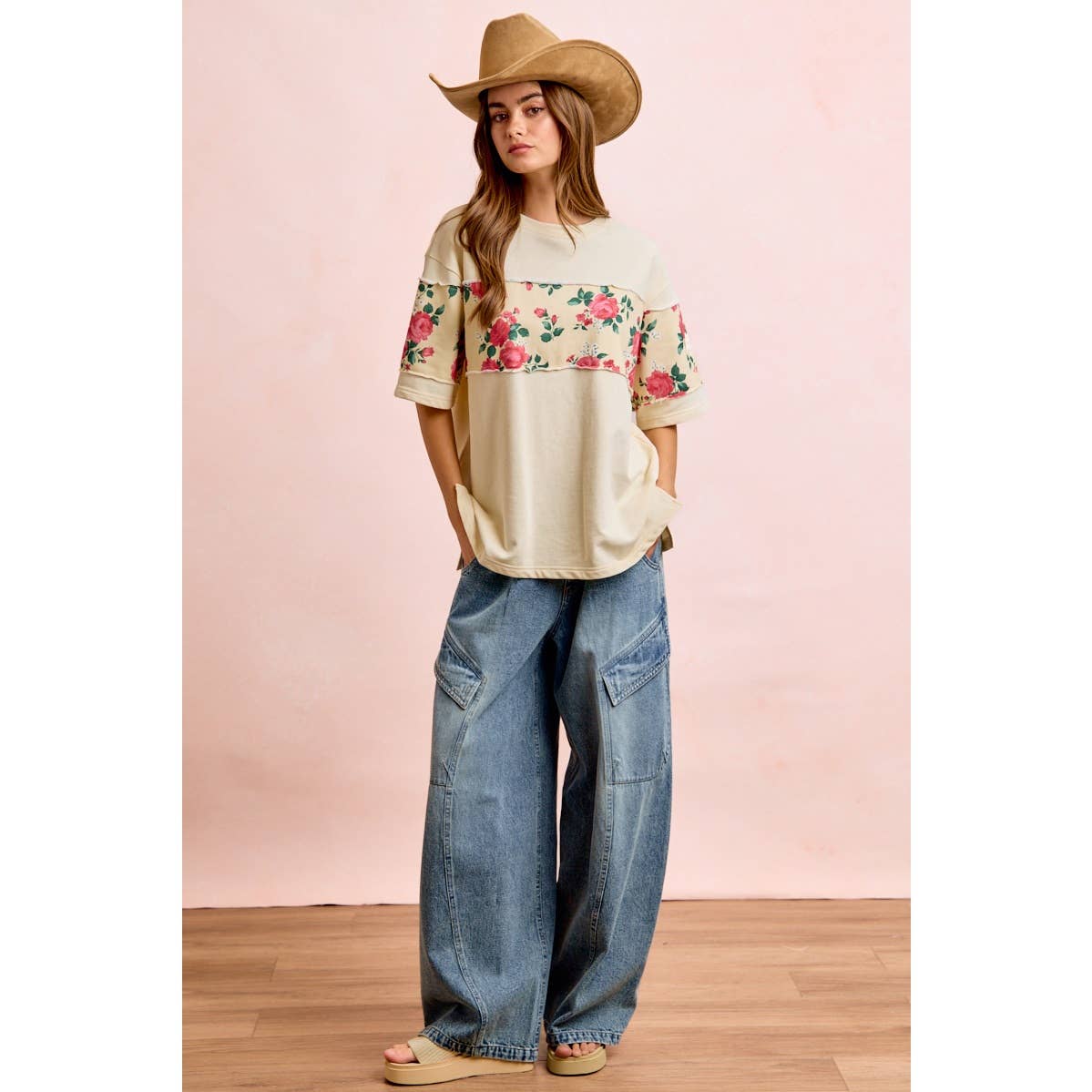 FLORAL PRINT SHORT SLEEVES FRENCH TERRY TOP