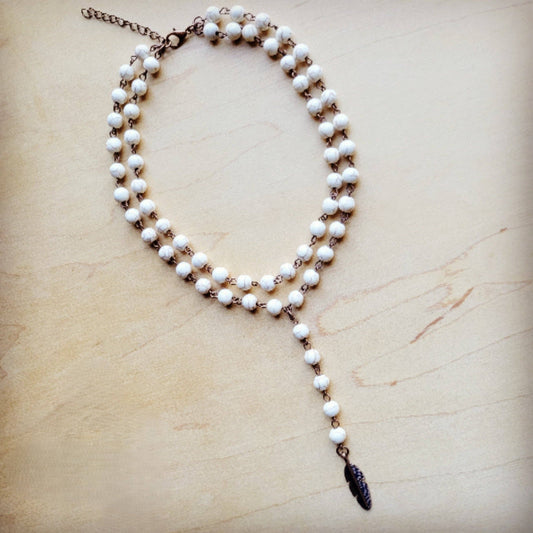 Double Strand Lariat White Turquoise Necklace w/ Copper Feather