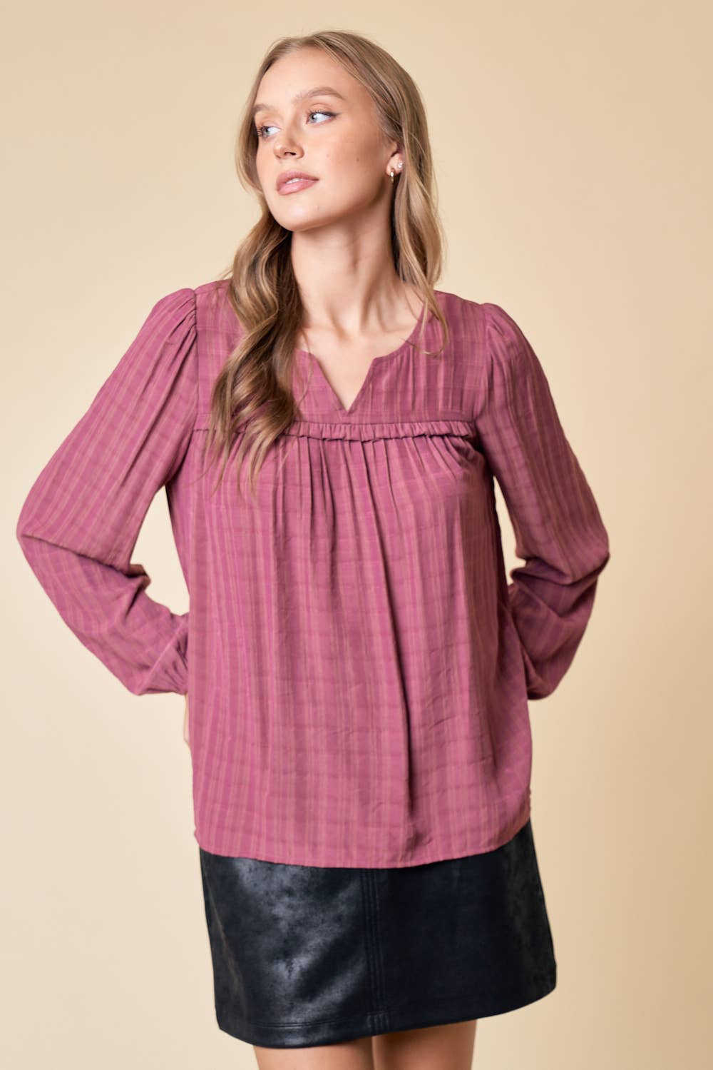 LONG SLEEVE PLAID TEXTURED BLOUSE