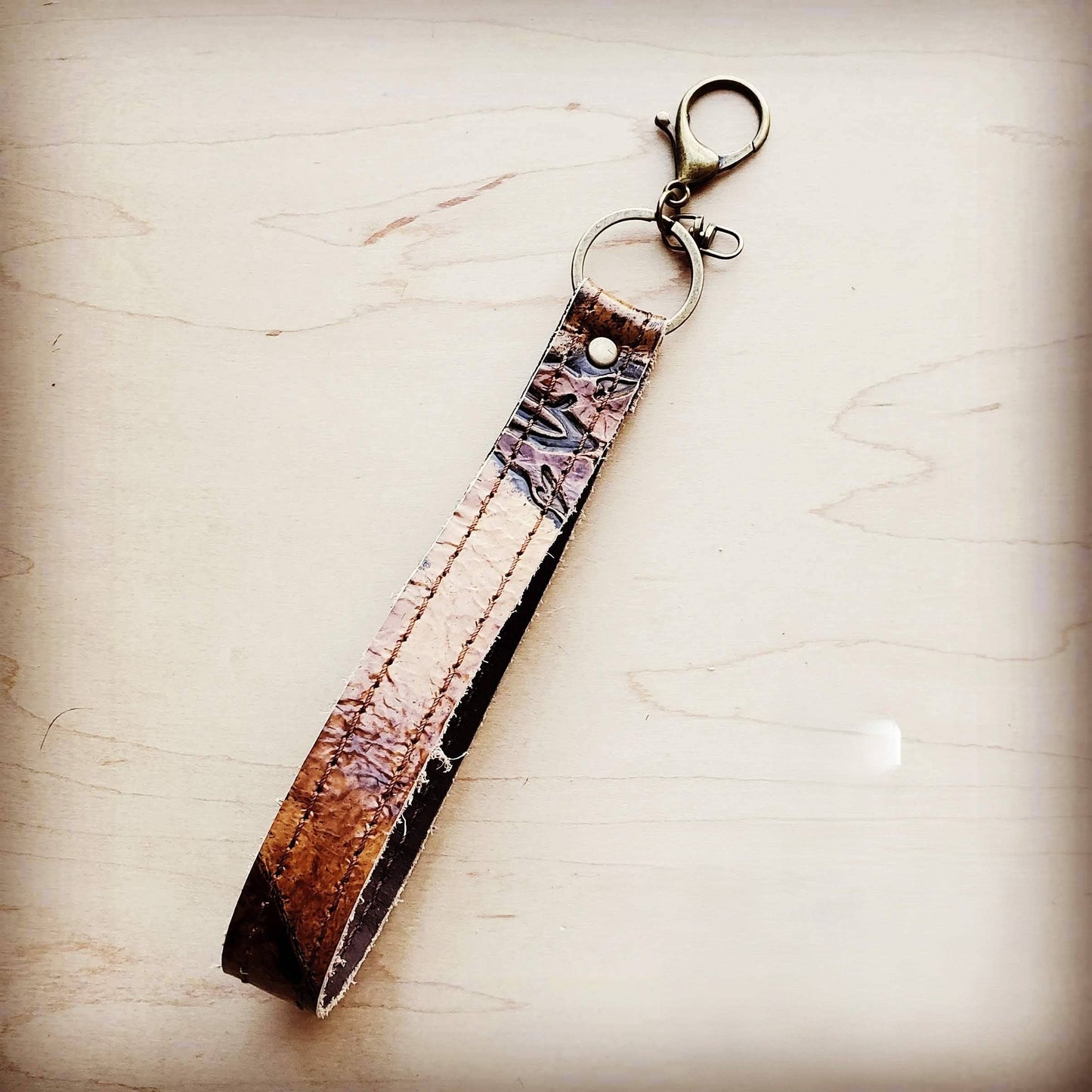 Embossed Leather Key Chain Strap Tan Steer