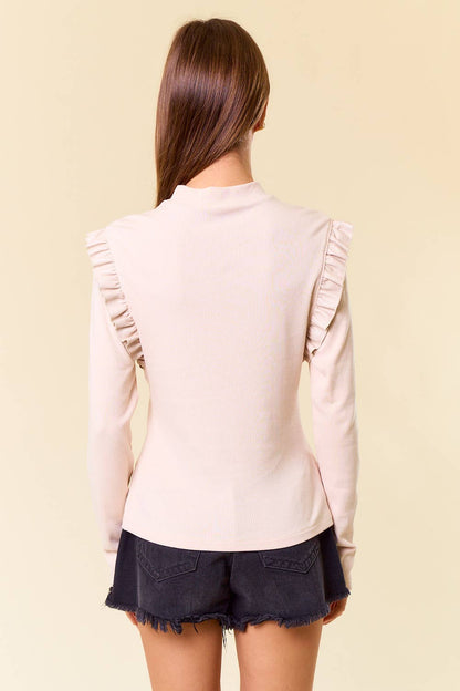 Mock Neck PU Ruffled Long Sleeve Top