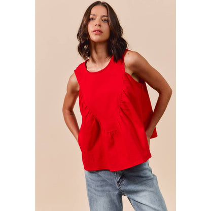GAME DAY COLOR DENIM RUCHED SLEEVELESS TOP