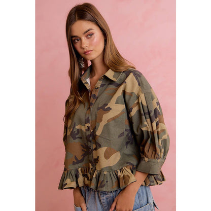 CAMO PRINTED RUFFLED HEM BUTTON DOWN BLOUSE