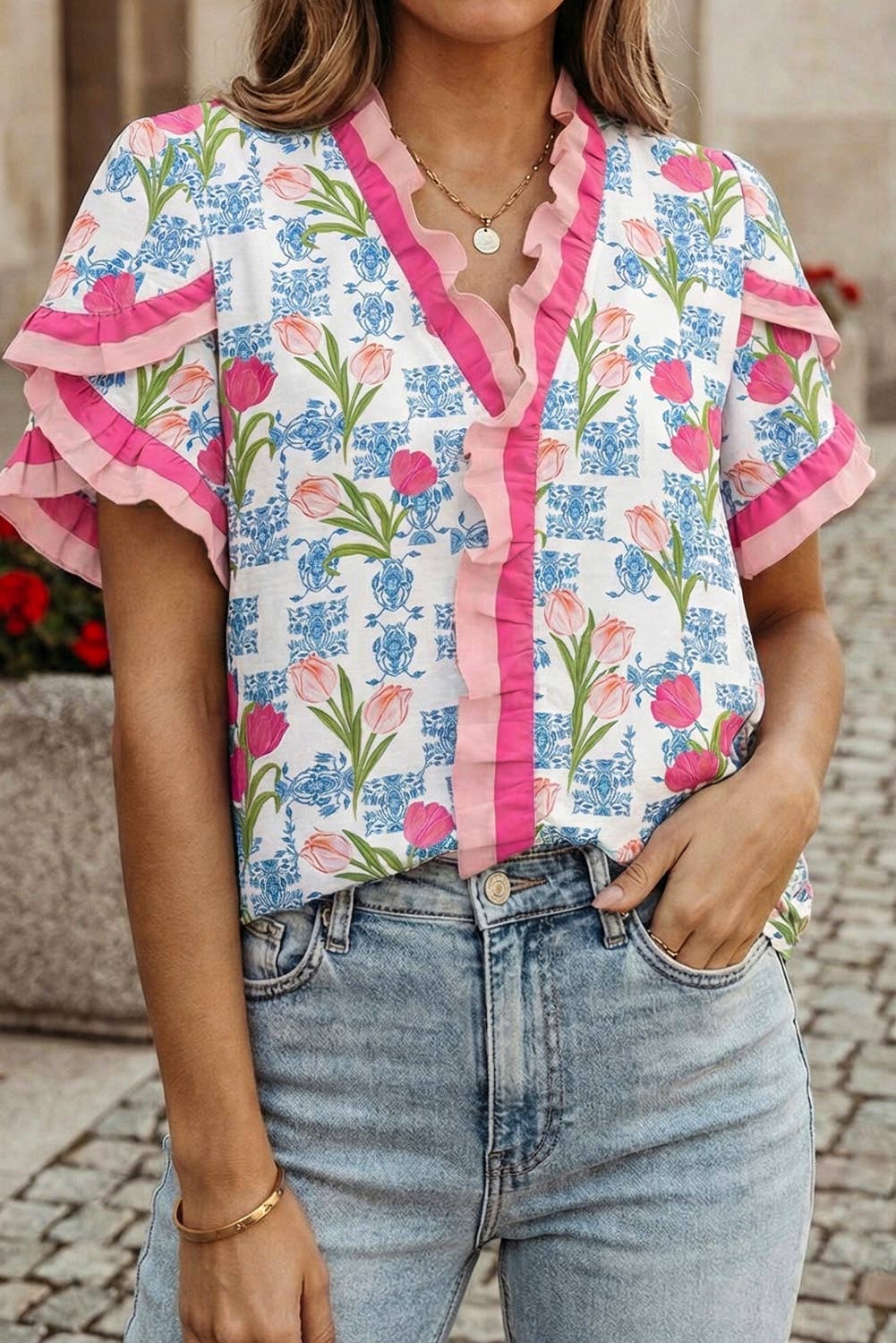 Floral Print Ruffled Trim V Neck Blouse | S-XL