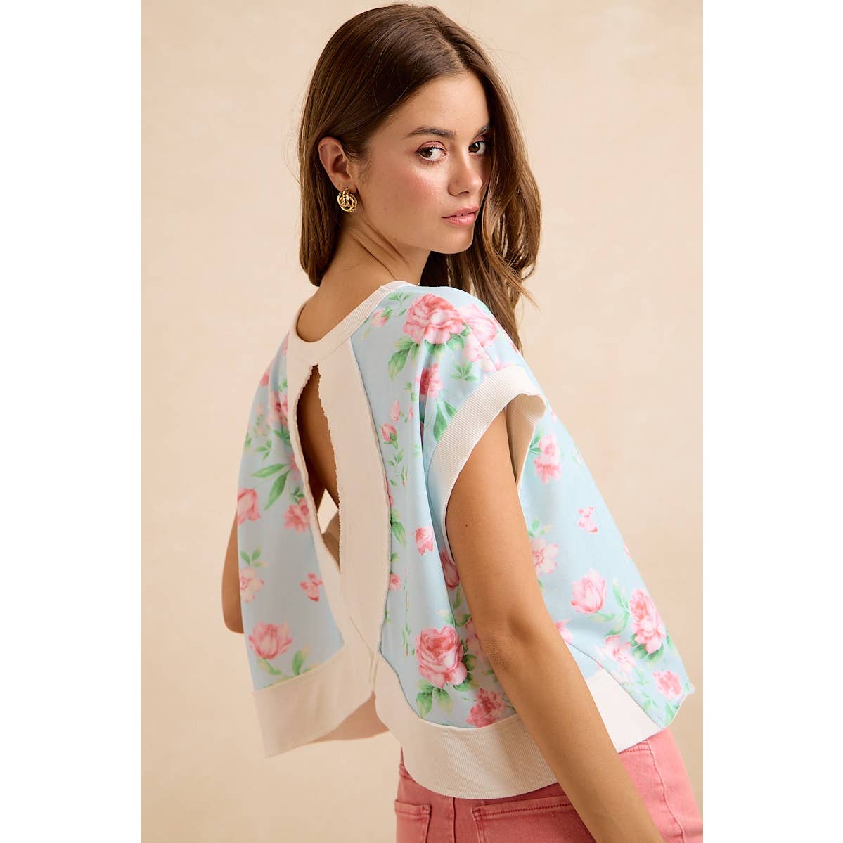 FLORAL PRINTED TERRY OPEN BACK SLEEVELESS TOP