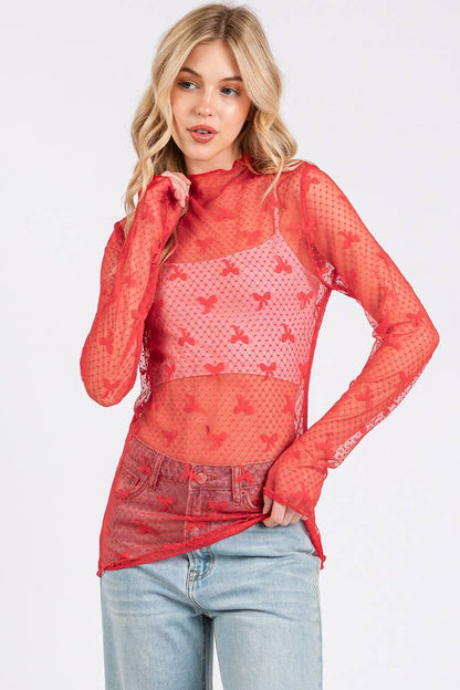 BOW PRINT LONG SLEEVE LACE TOP