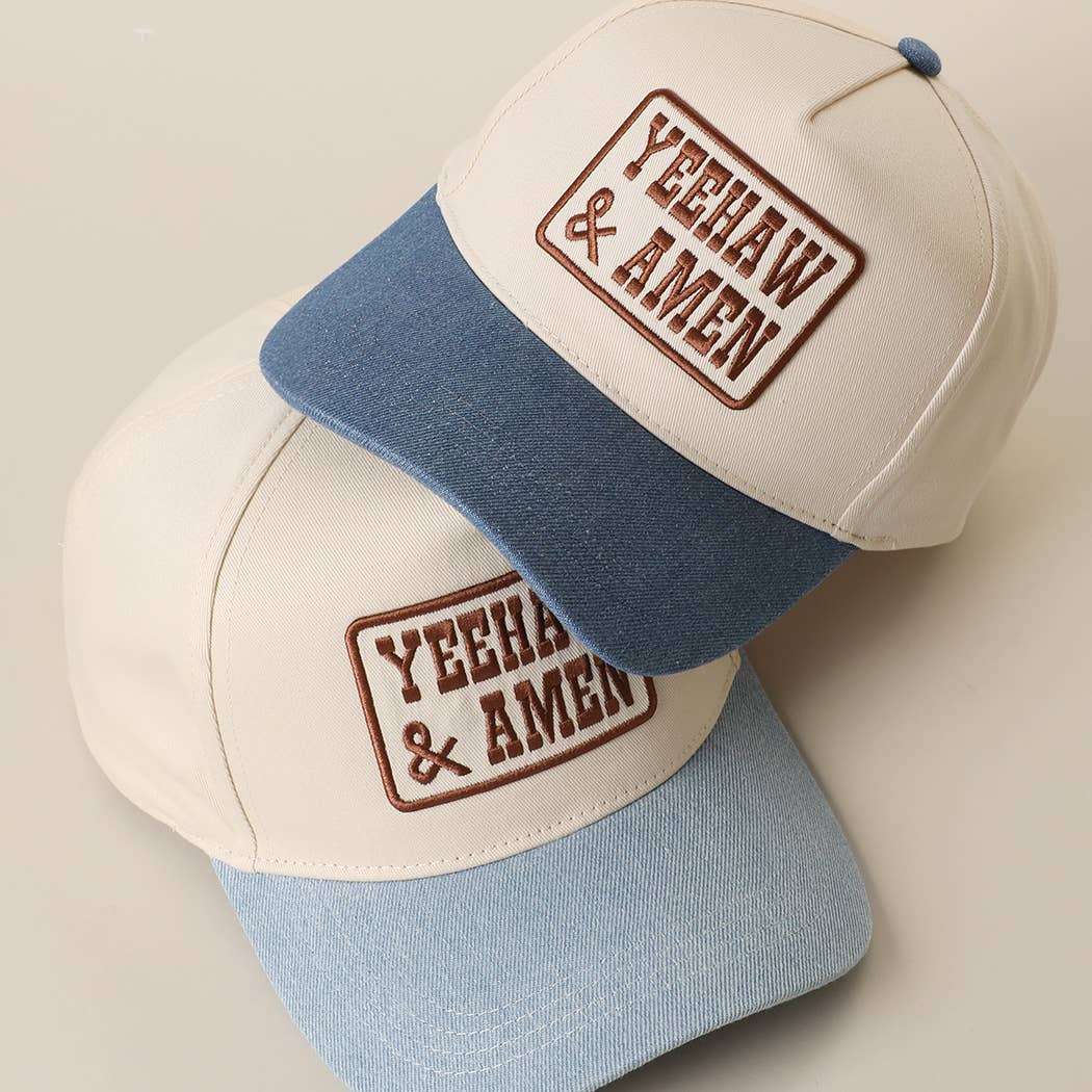 YEEHAW AND AMEN Embroidered Patch Denim Brim Baseball Cap