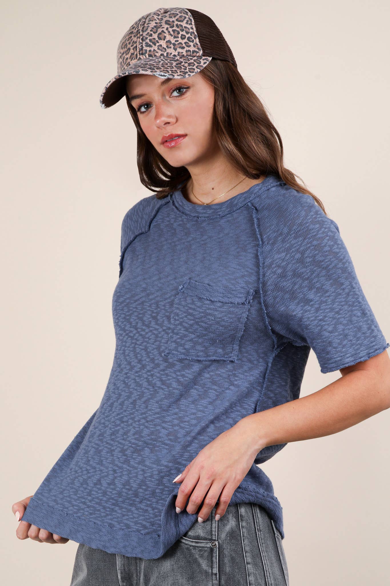 Solid Casual Knit Top with Patch Pocket