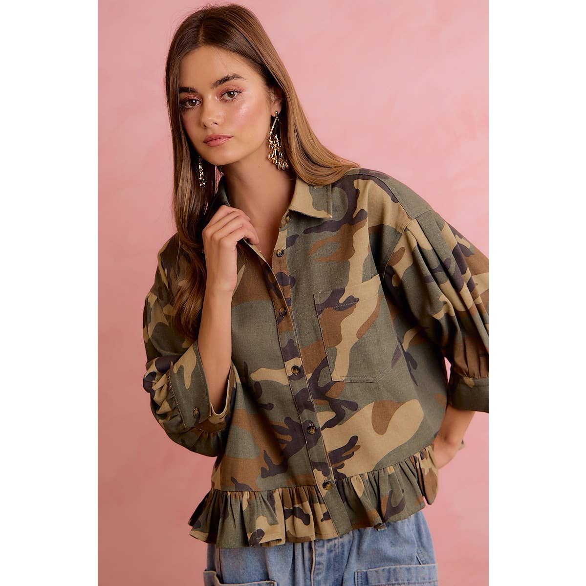 CAMO PRINTED RUFFLED HEM BUTTON DOWN BLOUSE