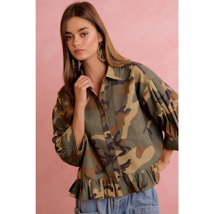 CAMO PRINTED RUFFLED HEM BUTTON DOWN BLOUSE