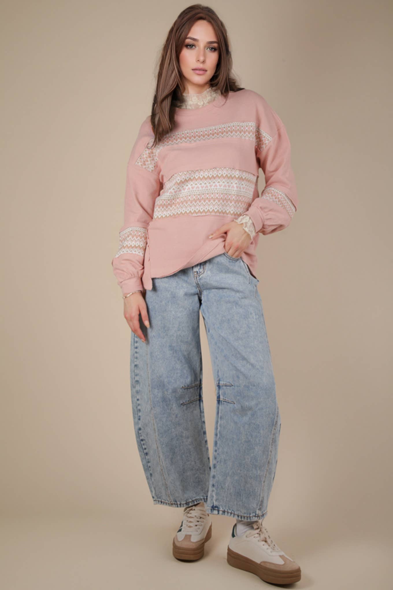 NT11784-Oversized Printed Knit Contrast Knit Top