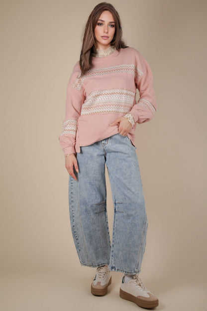 NT11784-Oversized Printed Knit Contrast Knit Top