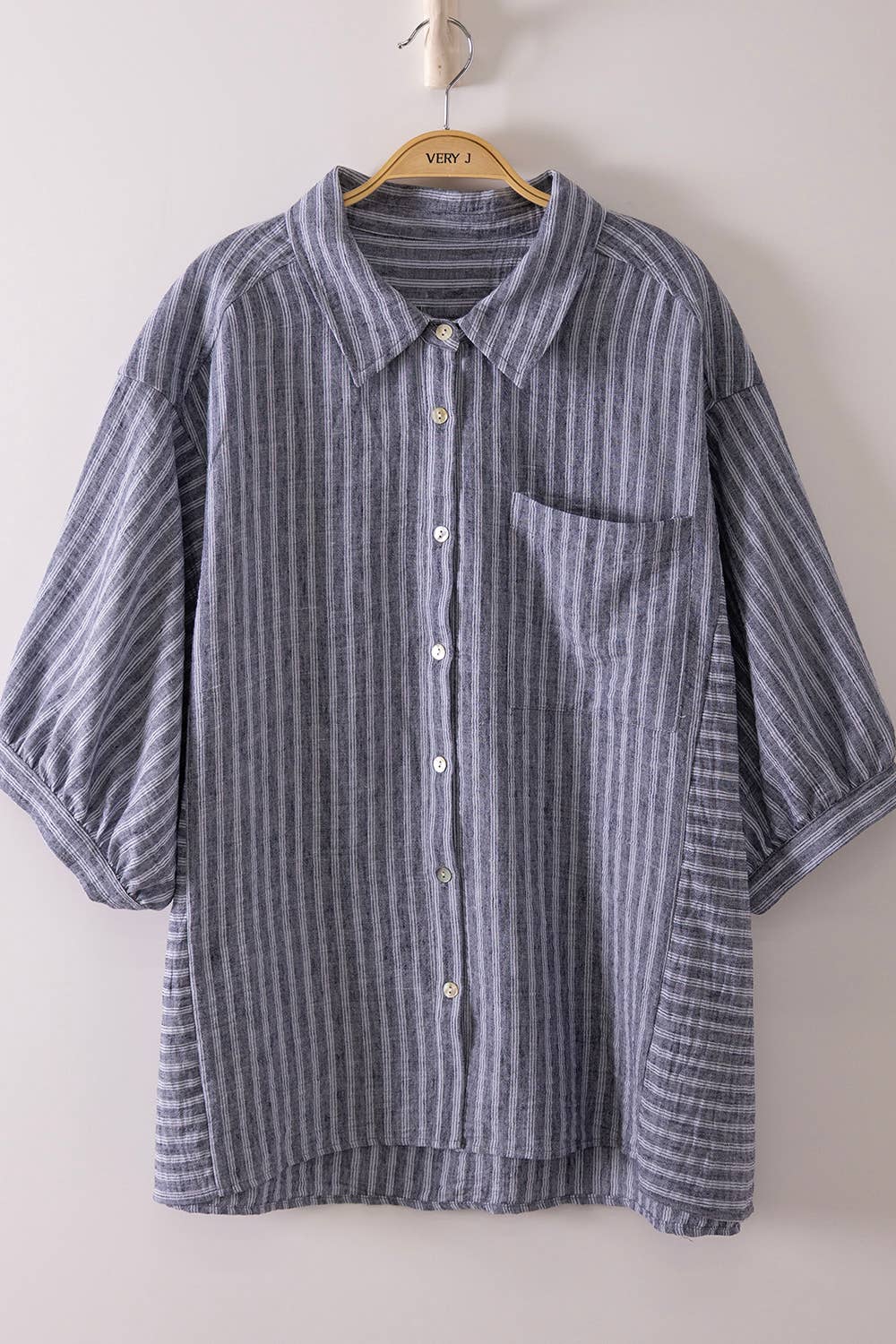 PLUS SIZE Stripe Half Puff Sleeve Shirt Top