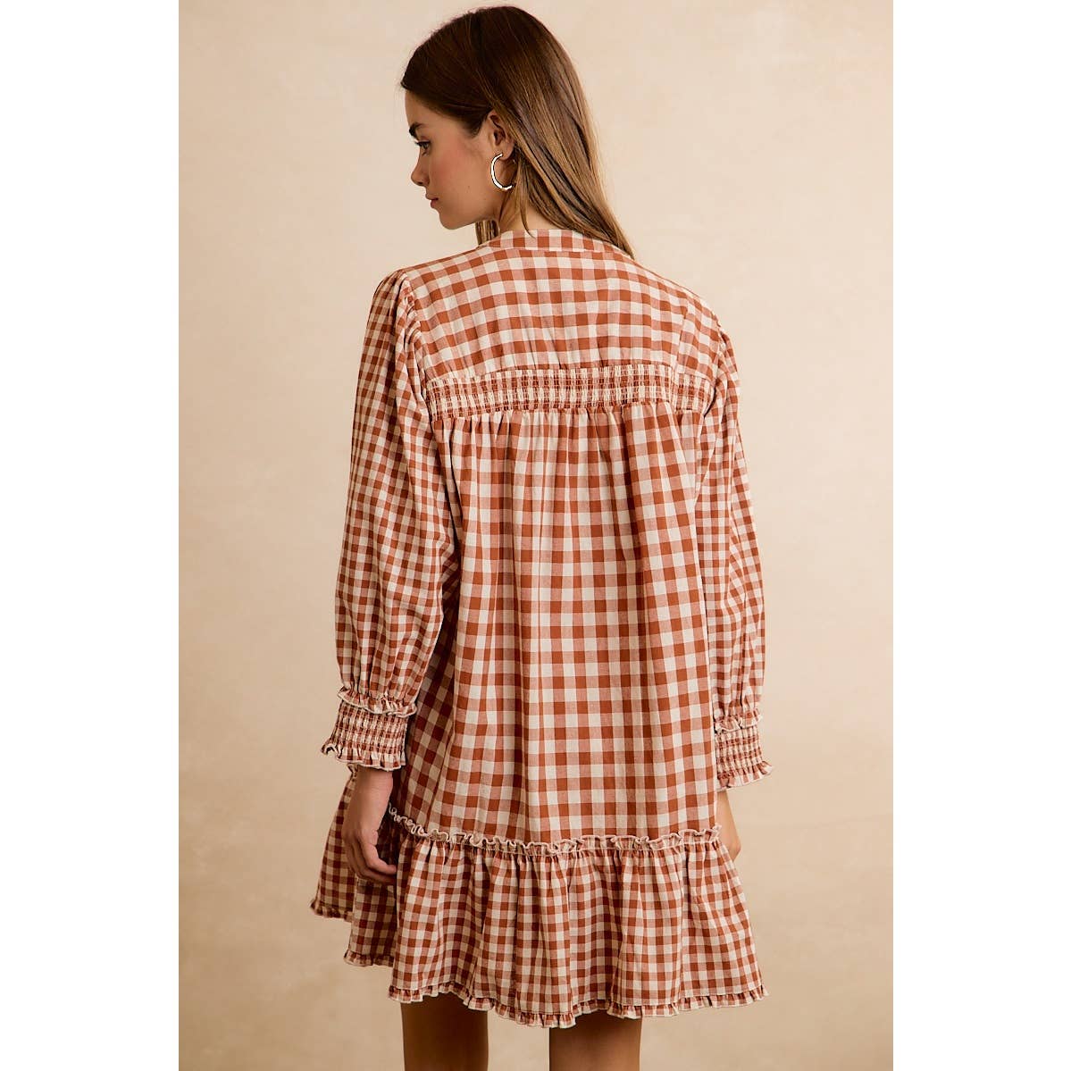 GINGHAM SMOCKED RUFFLE HEM MINI DRESS