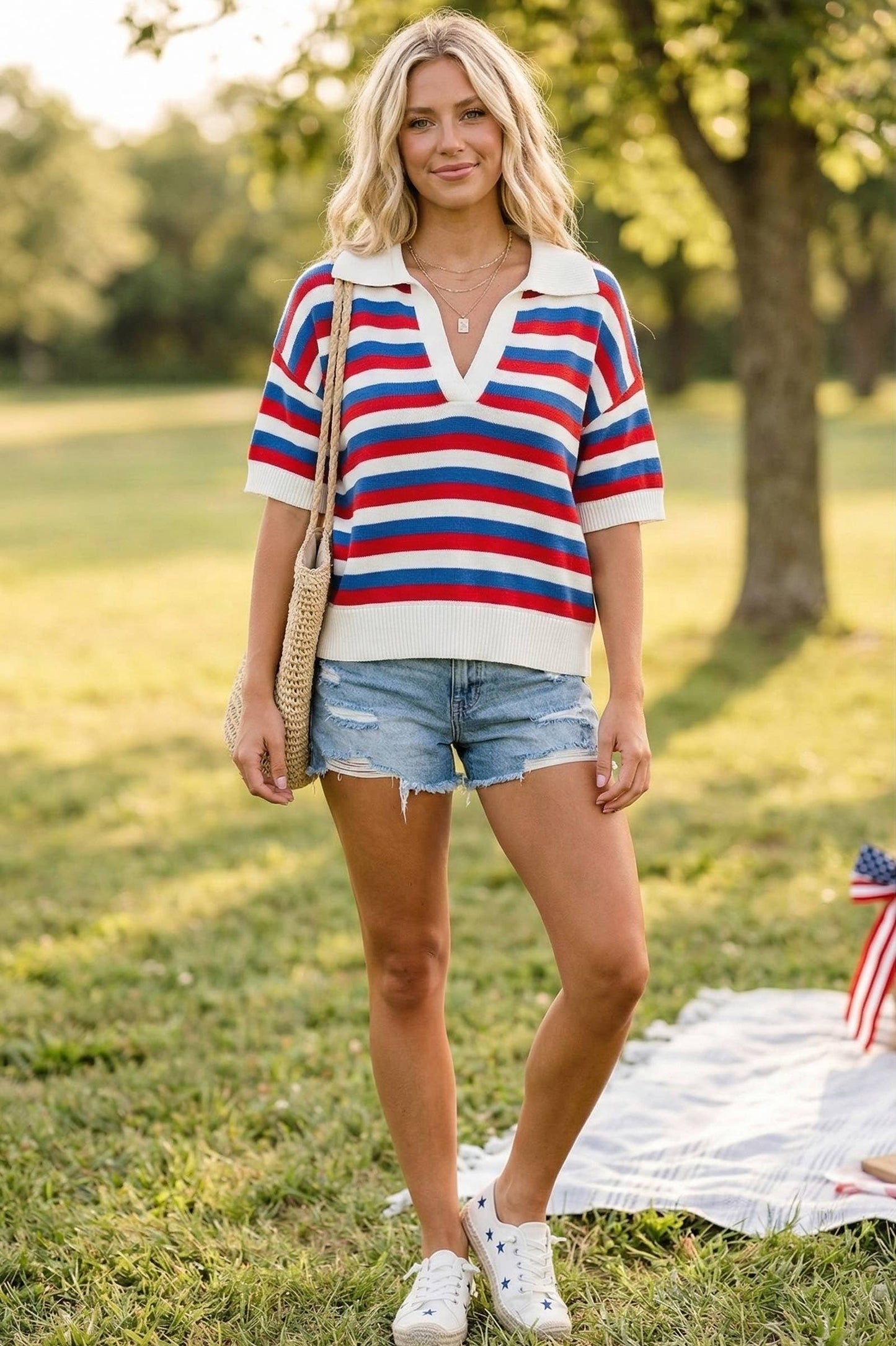 4th of July Americana Striped Lightweight Sweater Top