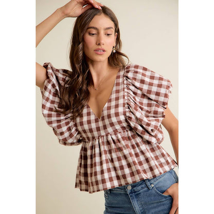 GINGHAM BUBBLE SLEEVES BACK SMOCKED BLOUSE TOP