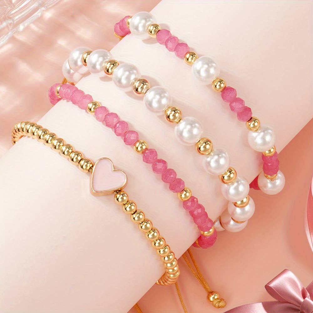 Pearl Golden Beads Adjustable String 4pcs Bracelet Set