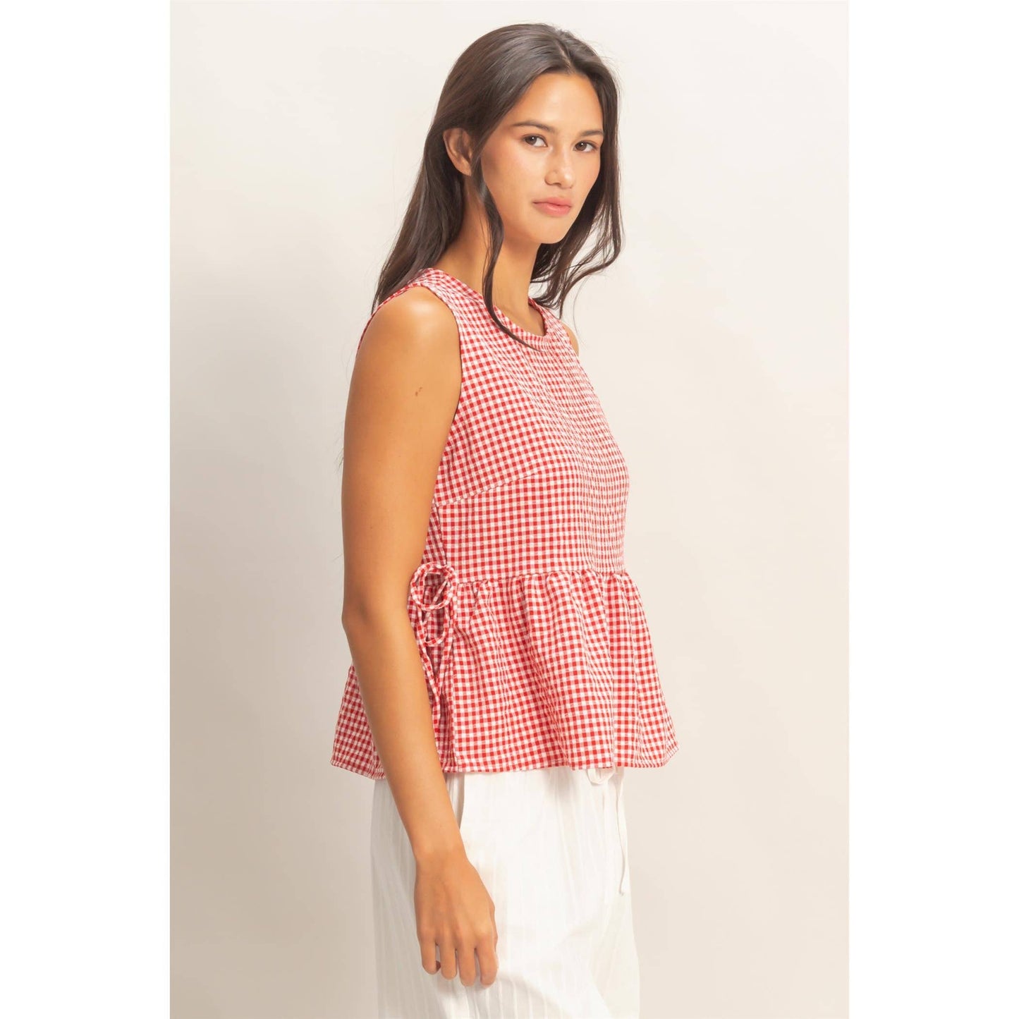 Gingham Sleeveless Peplum Top With Side Ties