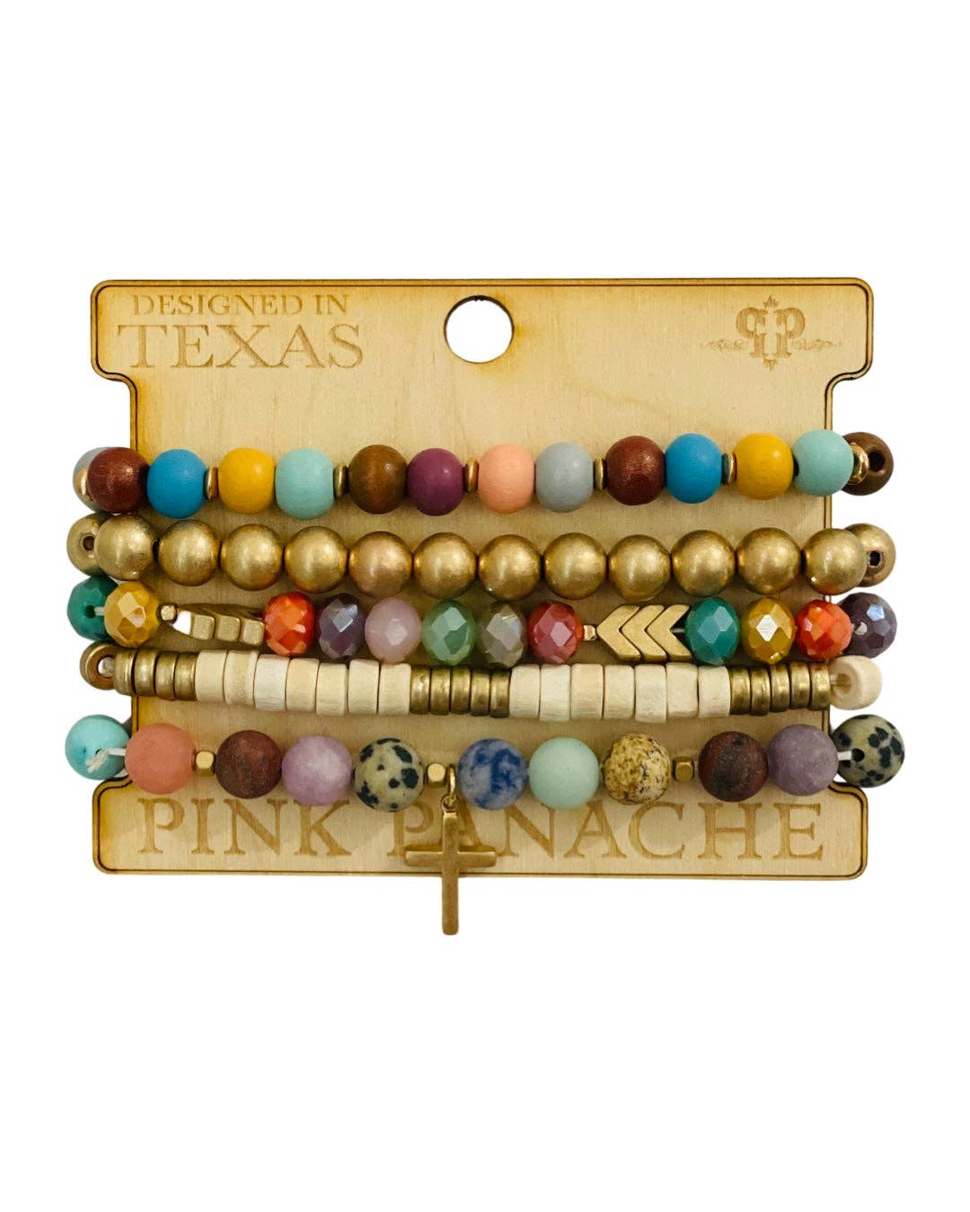 Multi-color and gold bead bracelet set, cross charm