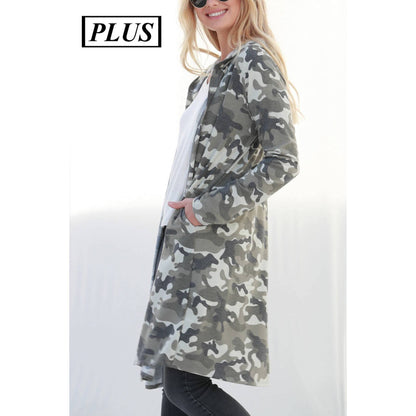 Plus Camo Long Cardigan with Hoodie