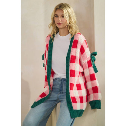 Checkered Cardigan with Ribbon Details