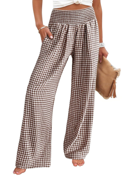 Women's Casual Plaid Elastic Waist Wide Leg Pants