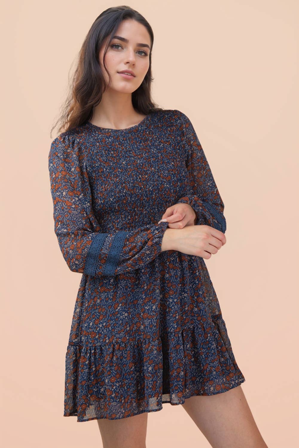 PLUS SIZE Lace Trim Smocking Printed Mini Dress