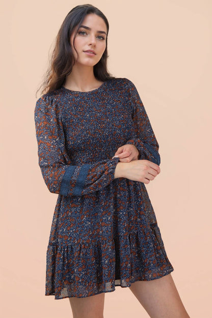 PLUS SIZE Lace Trim Smocking Printed Mini Dress