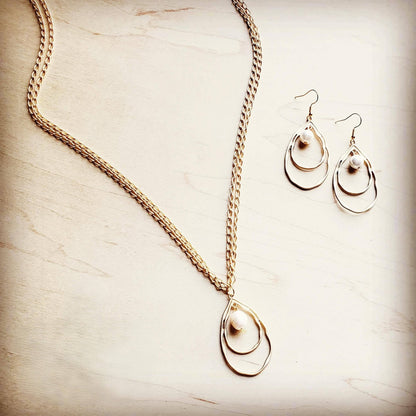 Matte Gold Double Hoop Earrings with Pearl Dangle