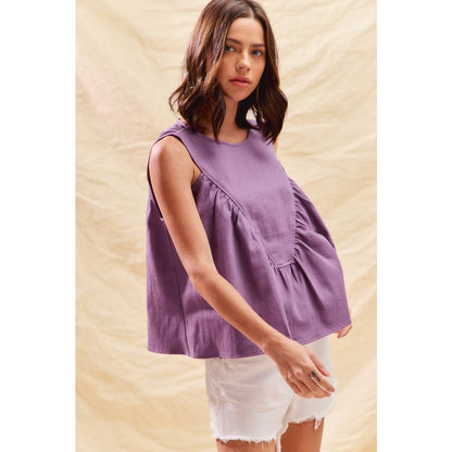 GAME DAY COLOR DENIM RUCHED SLEEVELESS TOP