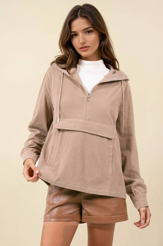 Velour Half Zip Hooded Anorak W/ Patch Pocket