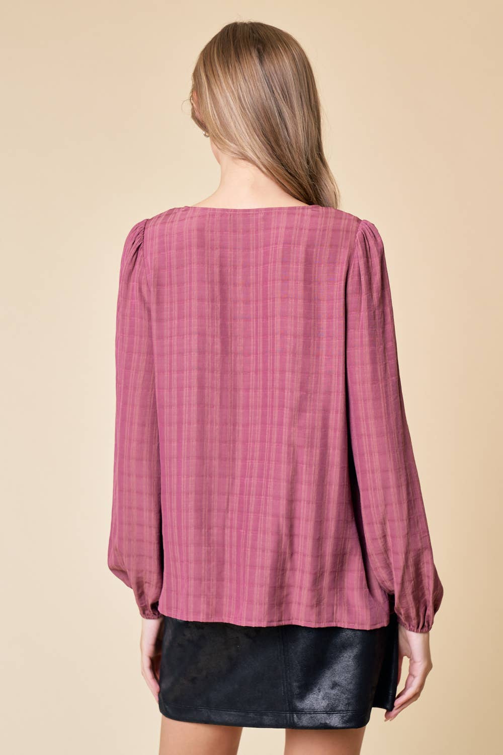 LONG SLEEVE PLAID TEXTURED BLOUSE