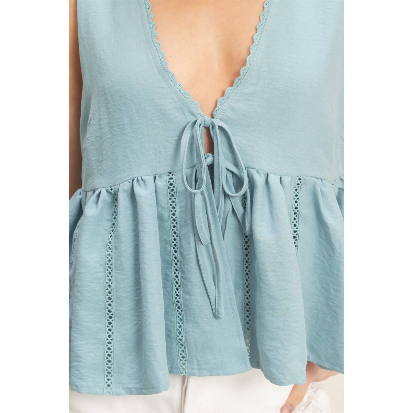 Lace Trim Tie Front Top