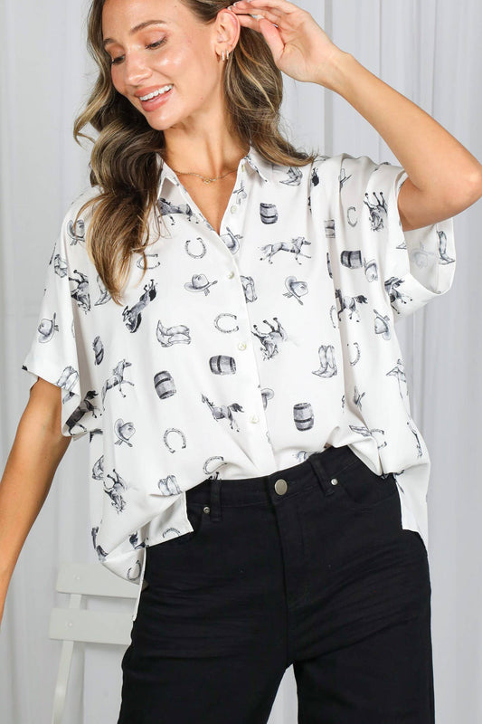 Western-Inspired Collared Button Front Shirt Top