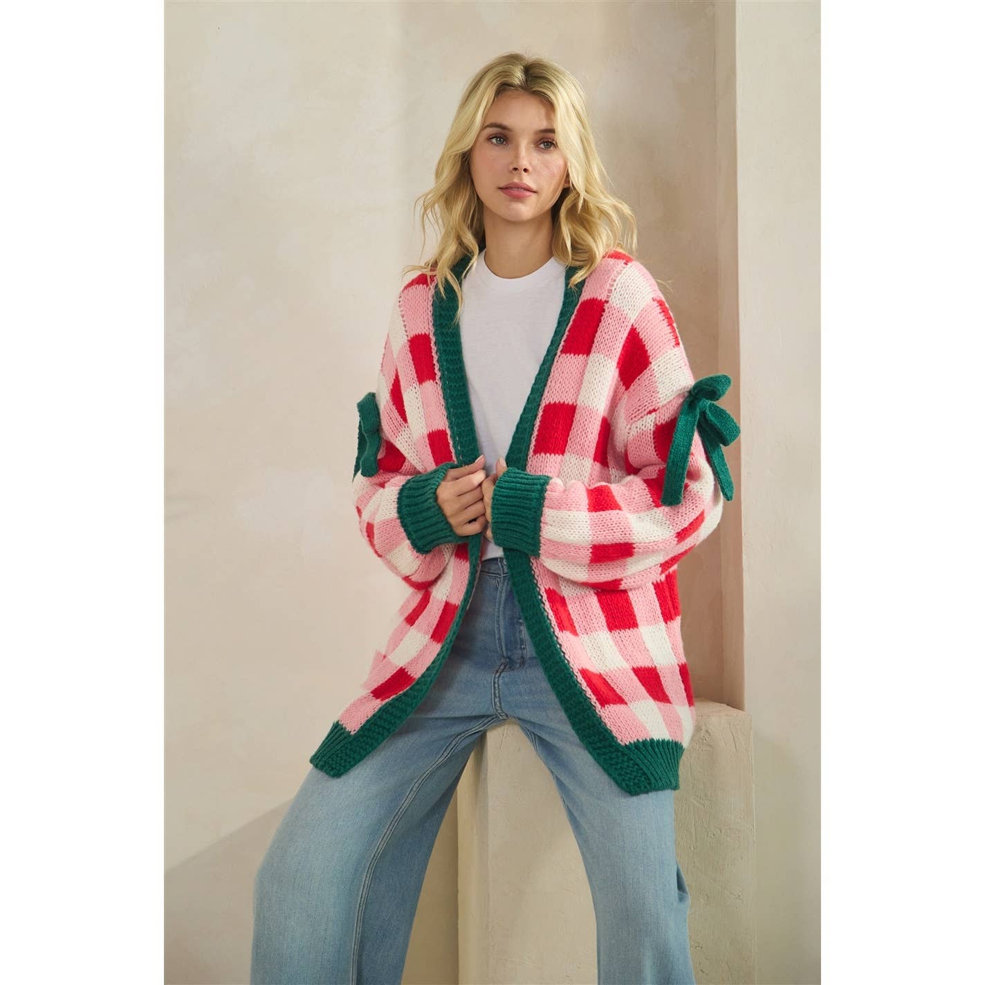 Checkered Cardigan with Ribbon Details