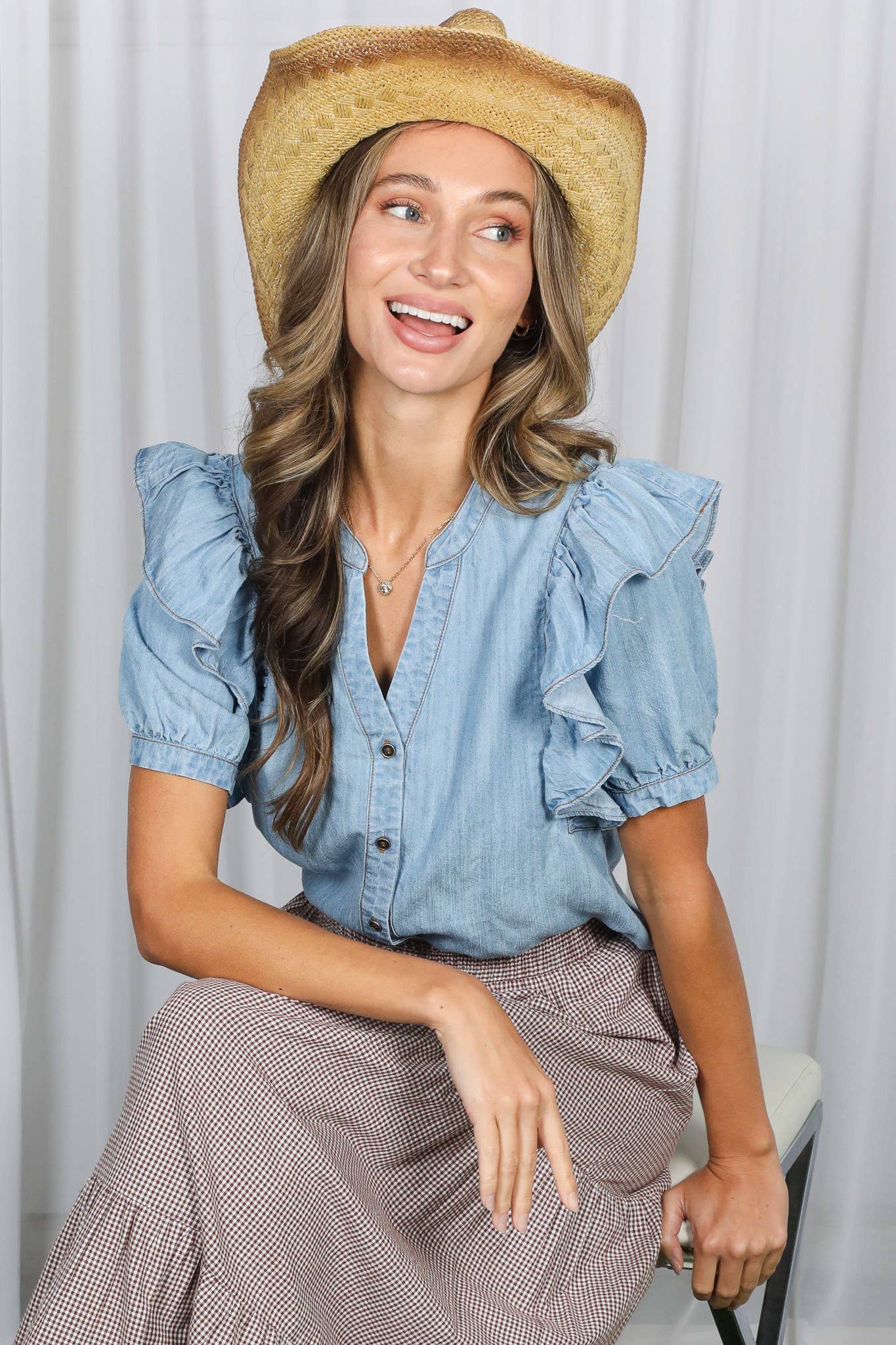 V-Nek Ruffle embellished 100%Tencel Denim Shirt