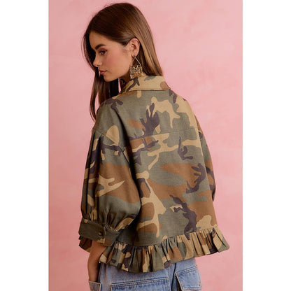 CAMO PRINTED RUFFLED HEM BUTTON DOWN BLOUSE