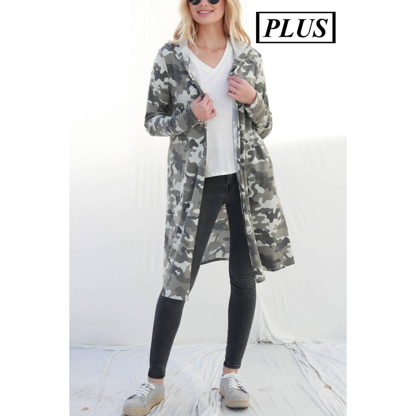 Plus Camo Long Cardigan with Hoodie