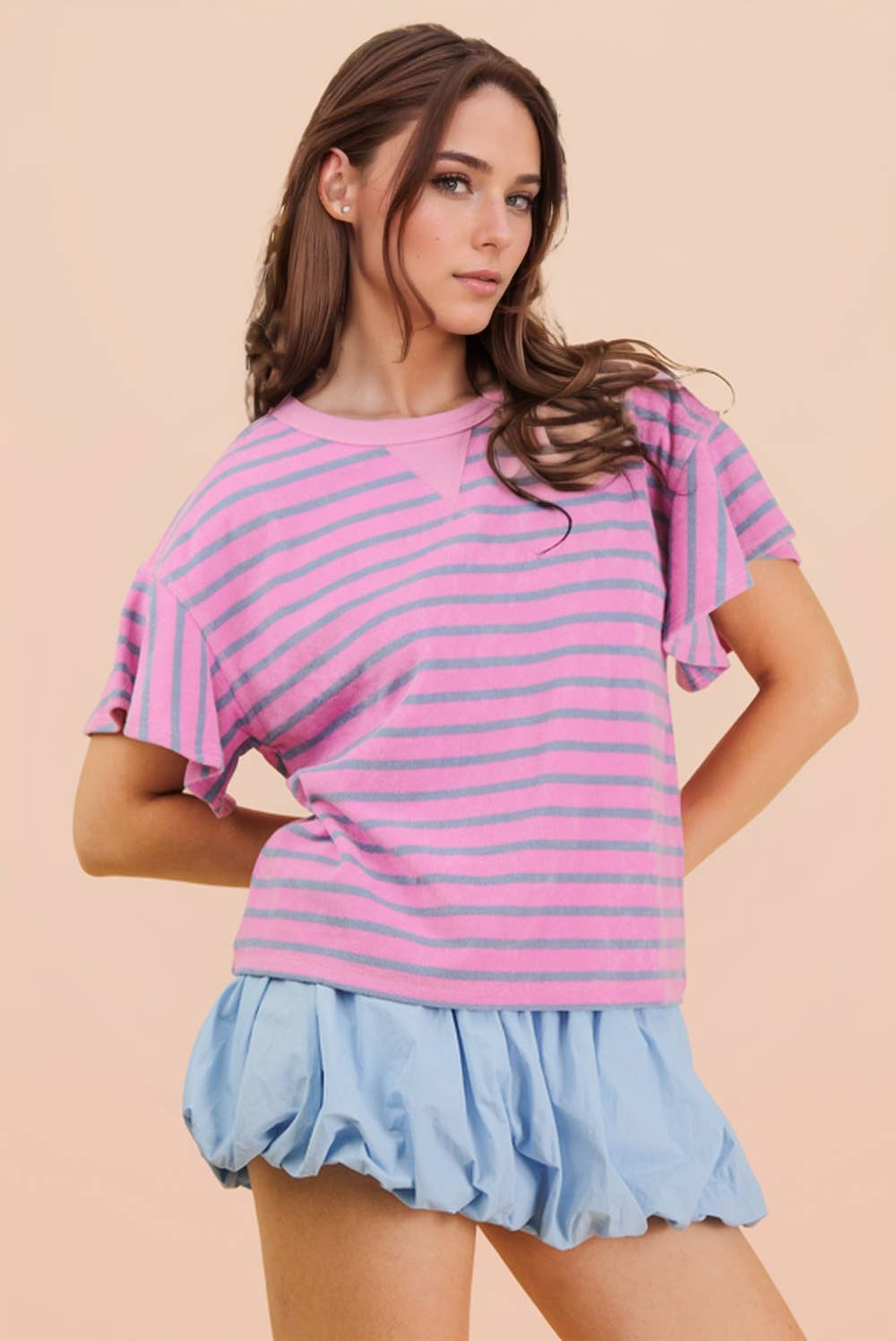 NT12476-Oversized Ruffle Sleeve Casual Stripe Knit Top